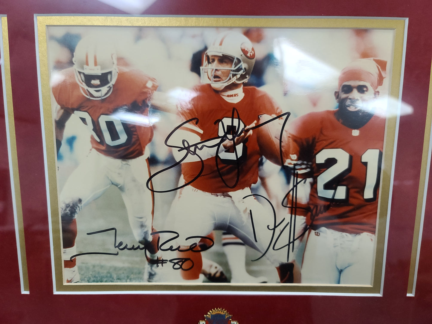 Framed Signed Photo of Steve Young, Jerry Rice, and Deion Sanders — Ultimate Collectible for True Fans!