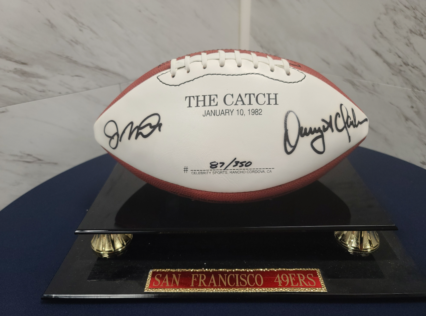 THREE Joe Montana and Dwight Clark limited edition NFL signed footballs featuring “The Catch”. Hand #rd/350