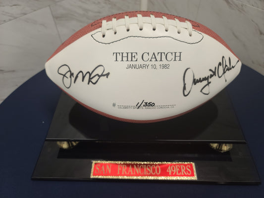 THREE Joe Montana and Dwight Clark limited edition NFL signed footballs featuring “The Catch”. Hand #rd/350