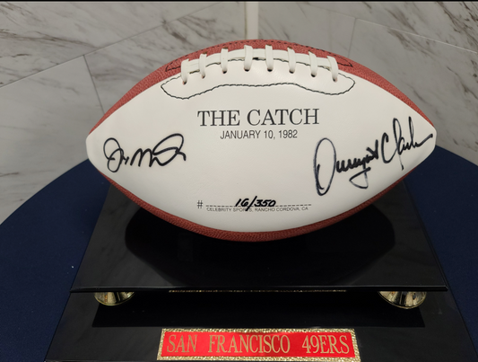 THREE Joe Montana and Dwight Clark limited edition NFL signed footballs featuring “The Catch”. Hand #rd/350